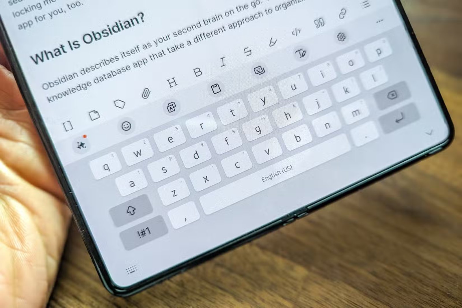 Barre de formatage Obsidian ouverte au-dessus du clavier Samsung
