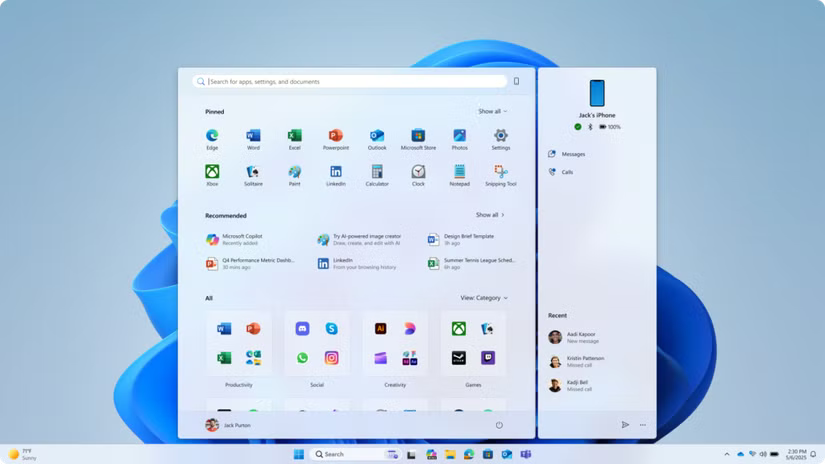 Le menu Démarrer mis à jour affiche les applications épinglées en haut, les applications et fichiers recommandés au milieu et les applications installées qui sont regroupées par une nouvelle interface utilisateur de catégorie en bas.