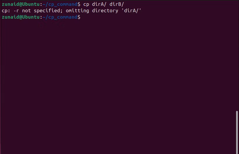 Essayant de copier un répertoire à l'aide de la commande CP dans Linux sans utiliser l'indicateur -r.