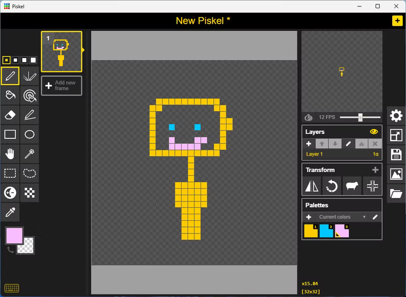 Un petit personnage doré dessiné en Piskel.