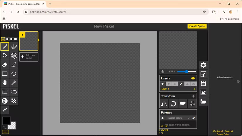 Piskel ouvert dans Google Chrome.