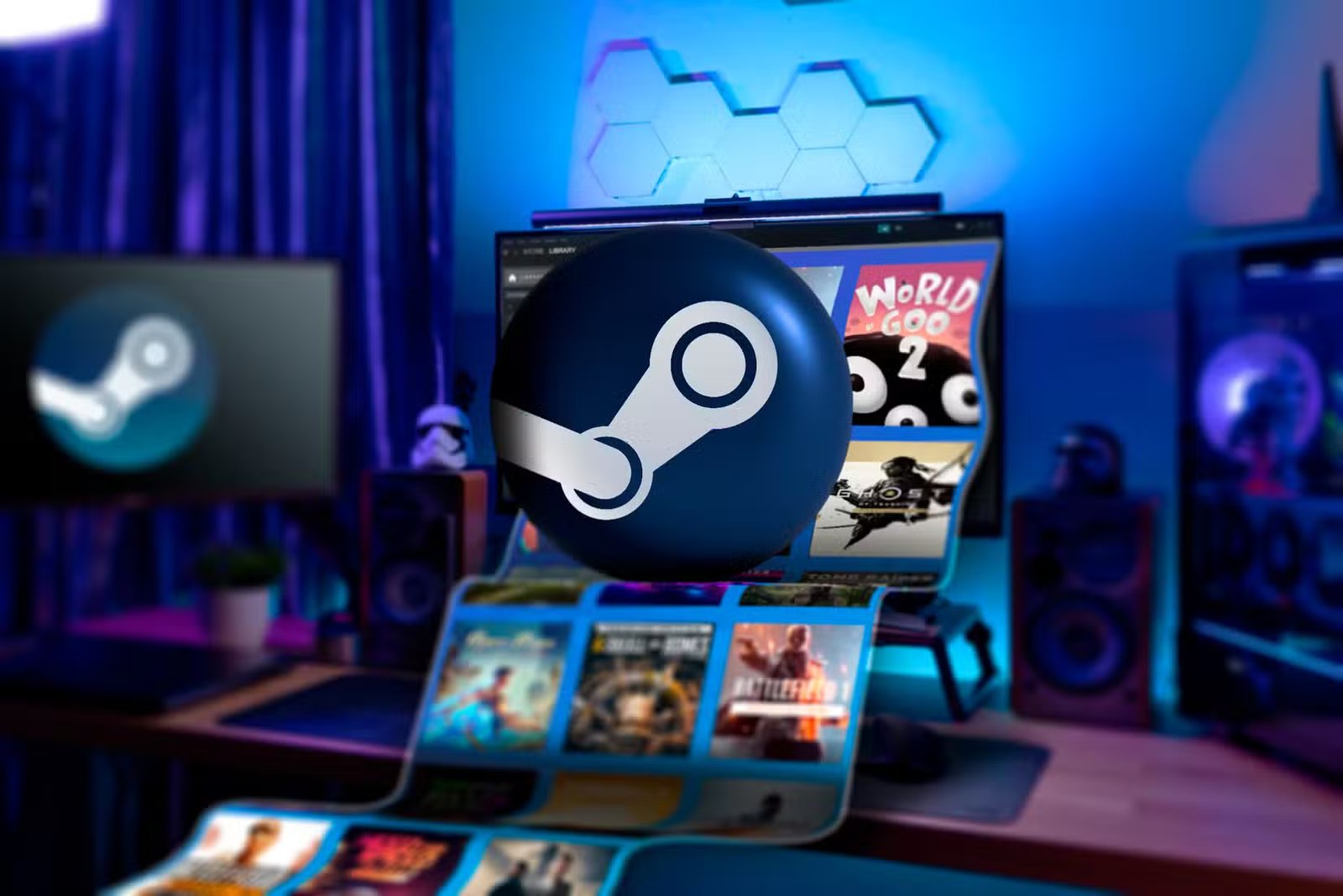 Un PC de jeu avec plusieurs jeux Steam sortant de l'écran et le logo Steam au centre.