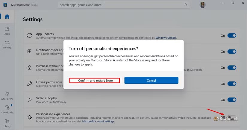Option Expériences personnalisées dans les paramètres du Microsoft Store.
