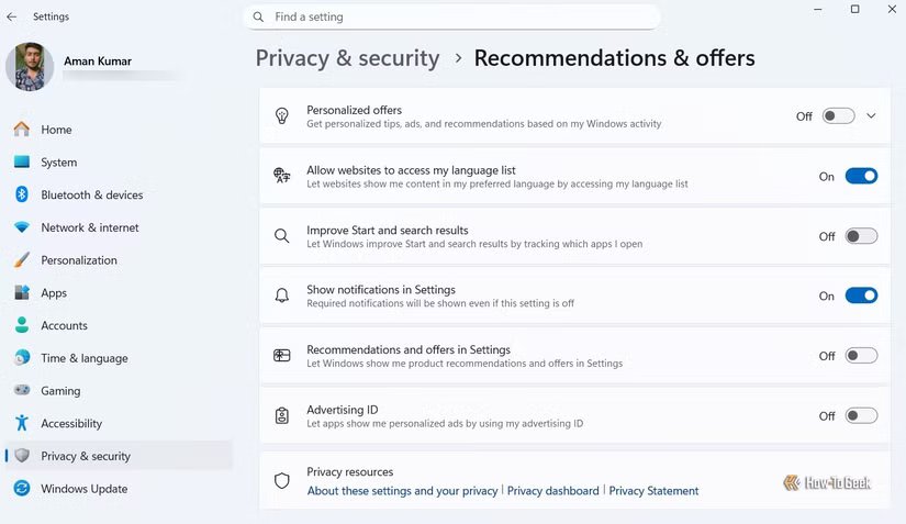 Fenêtre Recommandations et offres dans l'application Paramètres.