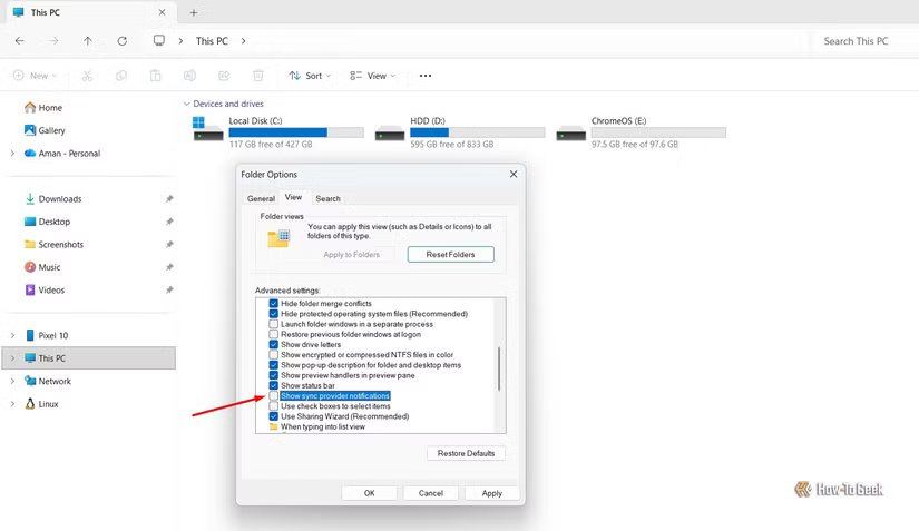 Afficher la boîte de notifications du fournisseur de synchronisation dans la fenêtre Options des dossiers.