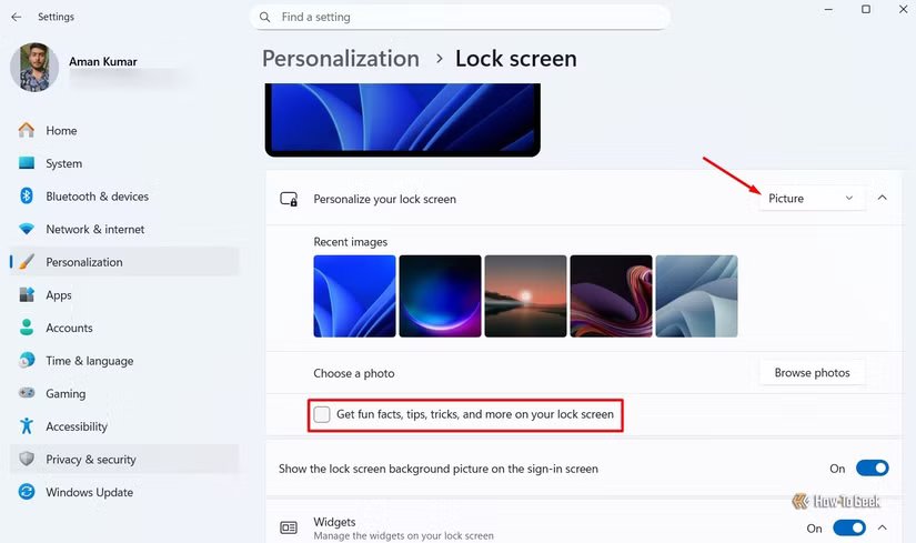 Fenêtre de l'écran de verrouillage dans l'application Paramètres.