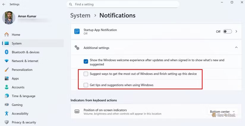 Section Paramètres supplémentaires dans l'application Paramètres.