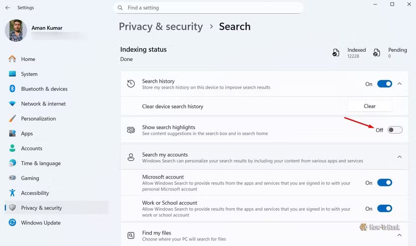 Afficher l'option de surbrillance de la recherche dans l'application Paramètres.