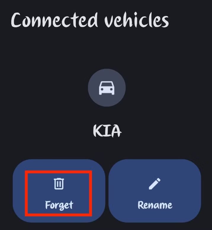 Options de connexion Android Auto pour oublier la voiture.