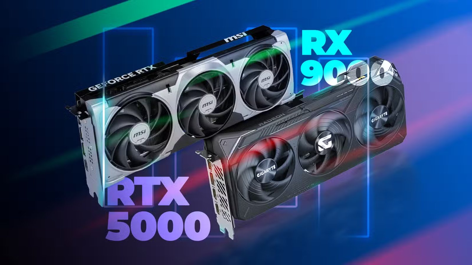 Une RTX 5070 à côté d’une RX 9070.