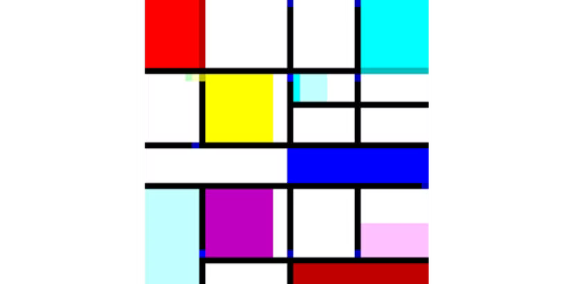 Une image très dans le style de Piet Mondrian, avec des blocs de couleurs primaires entre d’épais quadrillages noirs.