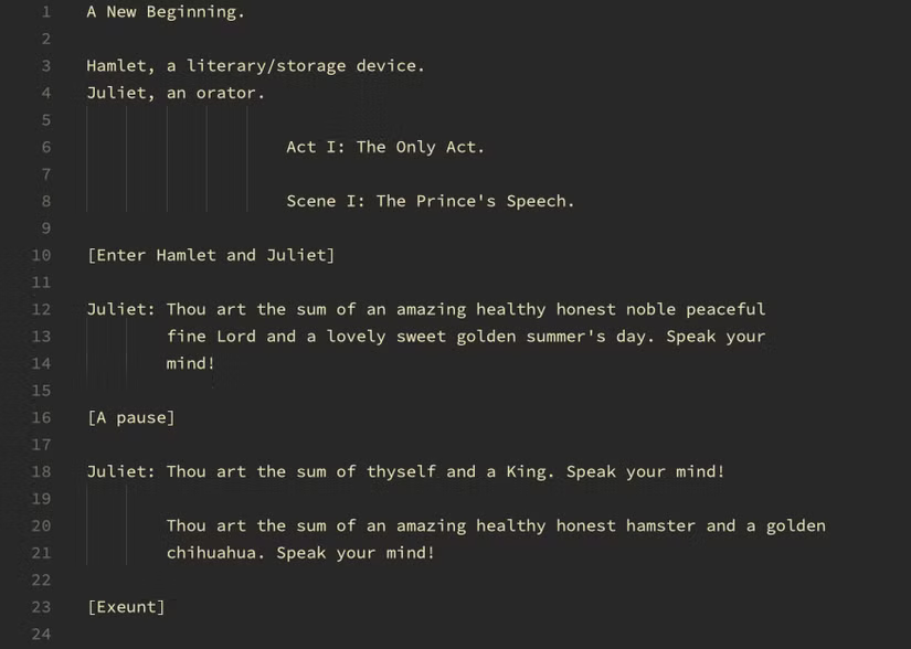 Un exemple de programme, écrit dans la langue de Shakespeare, qui imite une pièce de théâtre, avec un texte comme "Entrent Hamlet et Juliette" et "Acte 1 : Le seul acte".