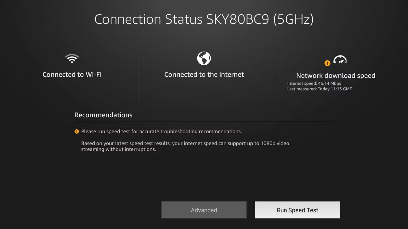 Exécution d'un test de vitesse sur un Fire Stick.