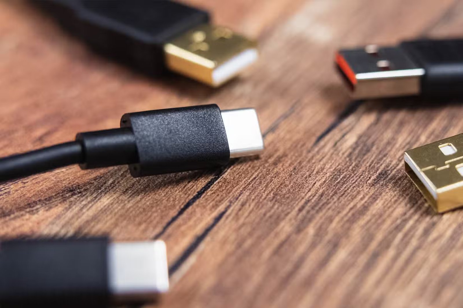 Un assortiment de câbles USB sur une table.