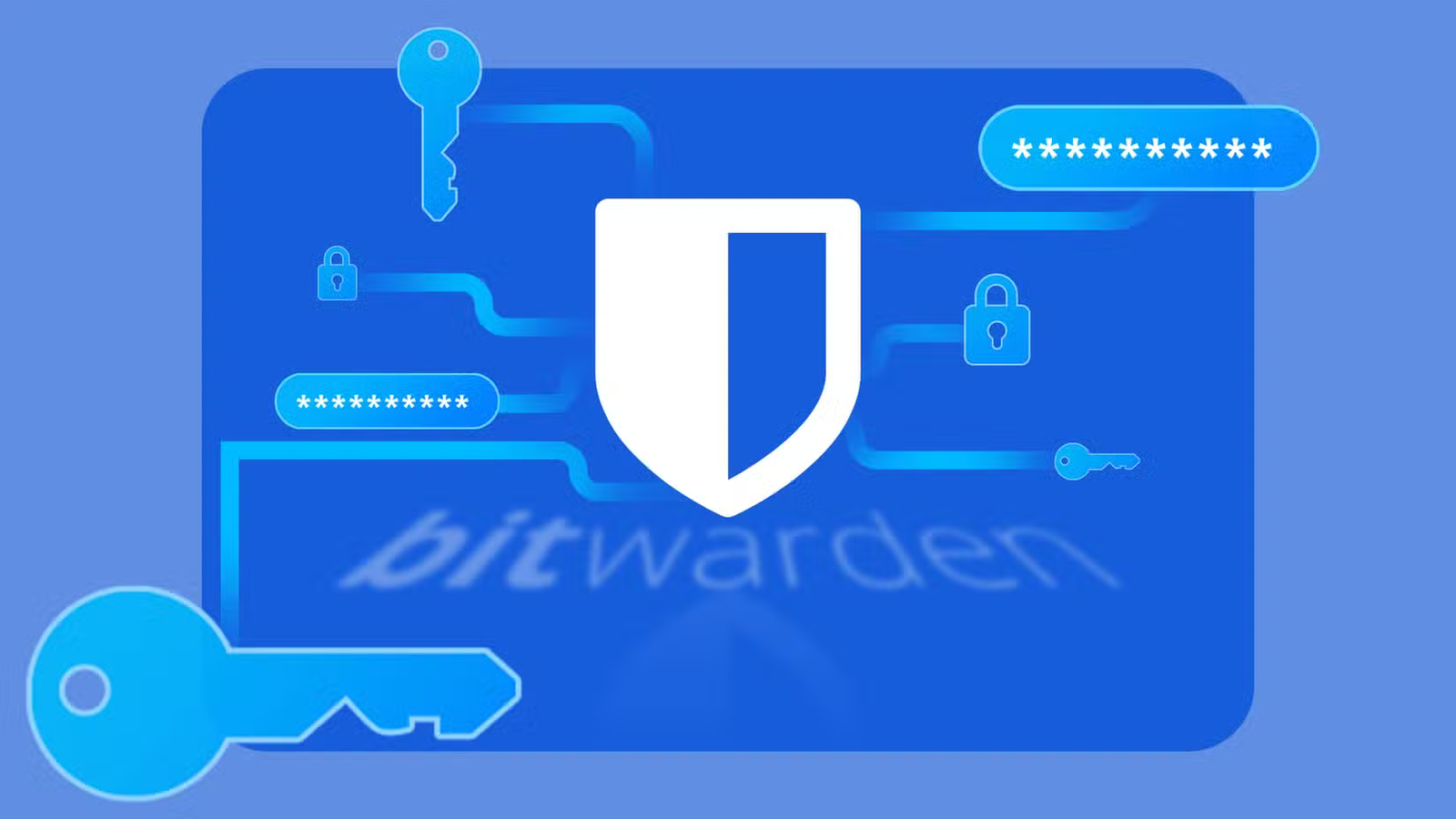 Logo Bitwarden connecté aux mots de passe, cadenas et clés.