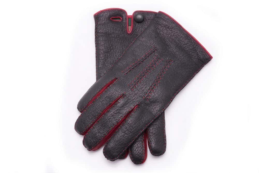 Gants en pécari noir et rouge doublés de cachemire imperméables