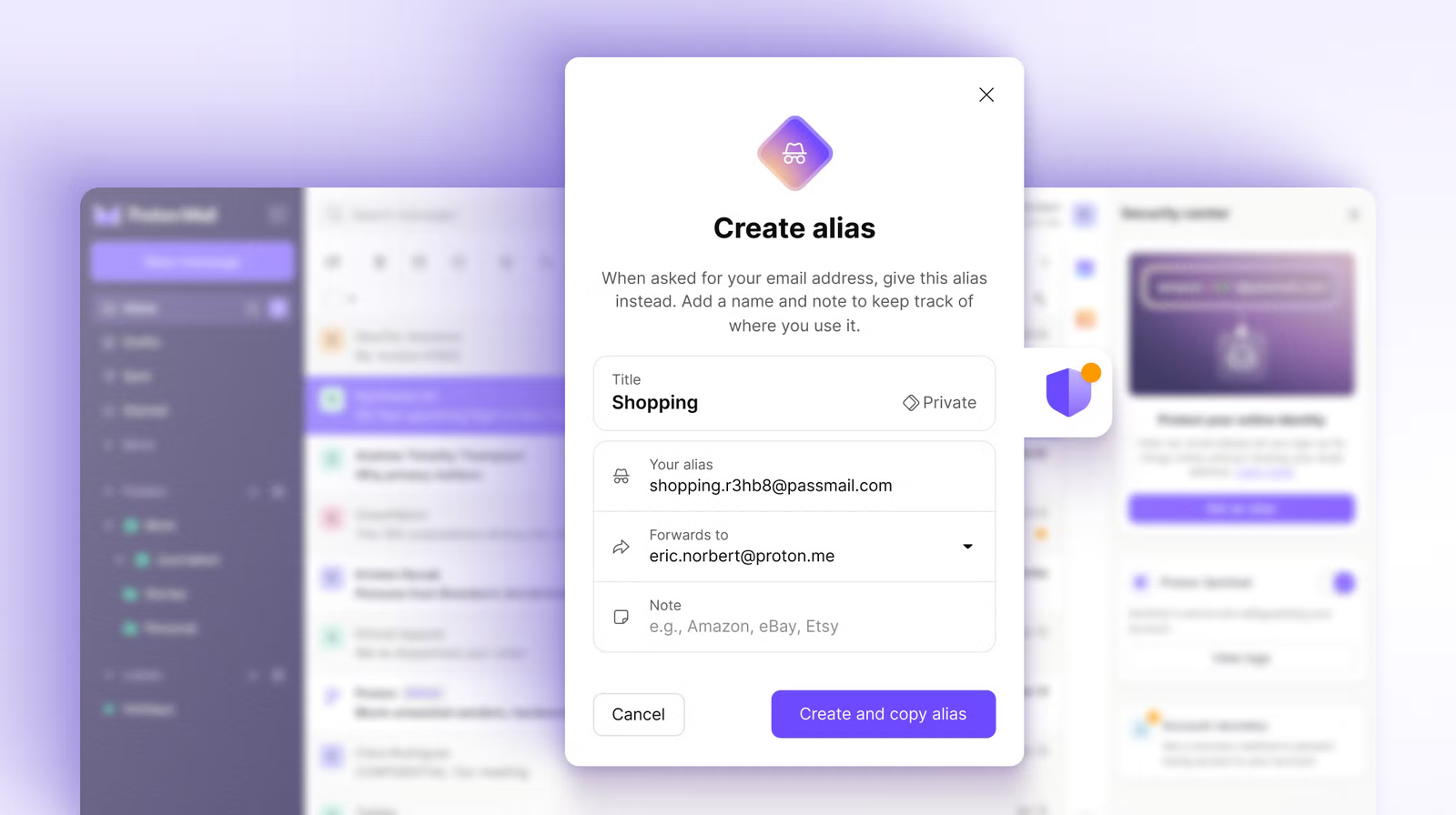 Création d'alias de messagerie Proton Mail.