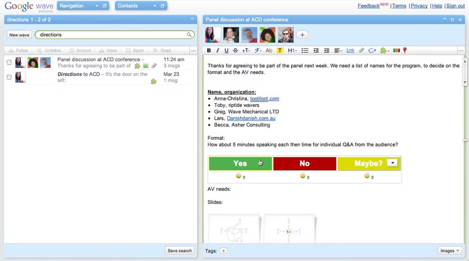 Un sondage intégré dans Google Wave.