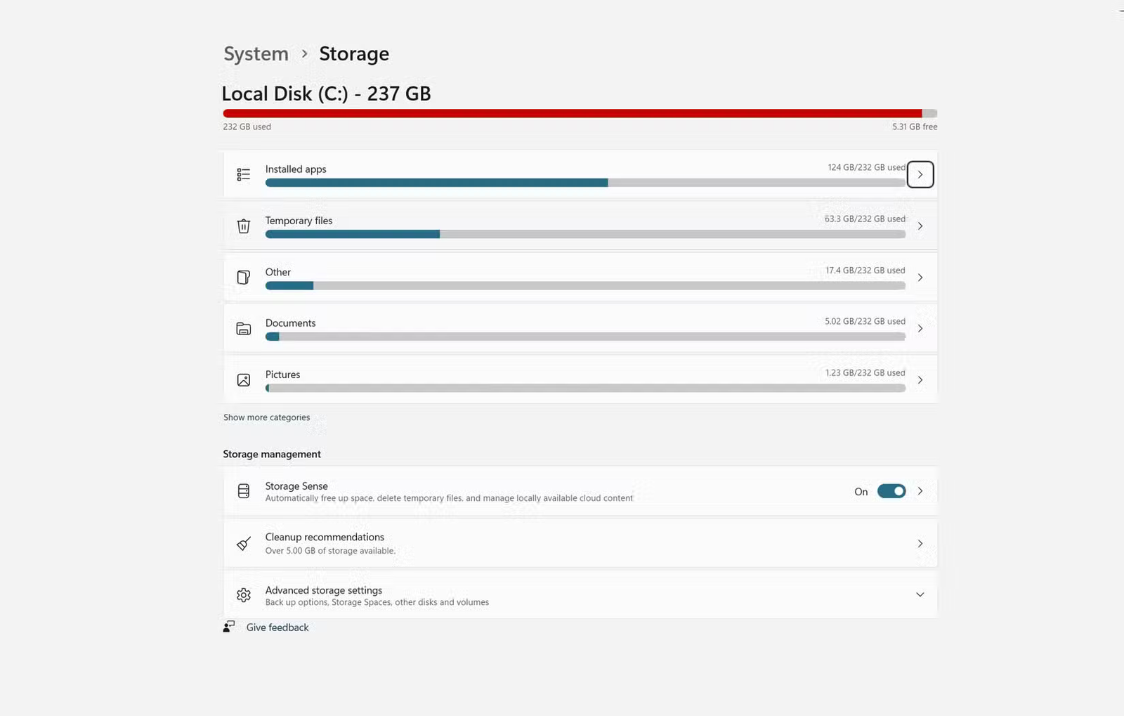 Fonctionnalités de stockage disponibles dans Windows 11.