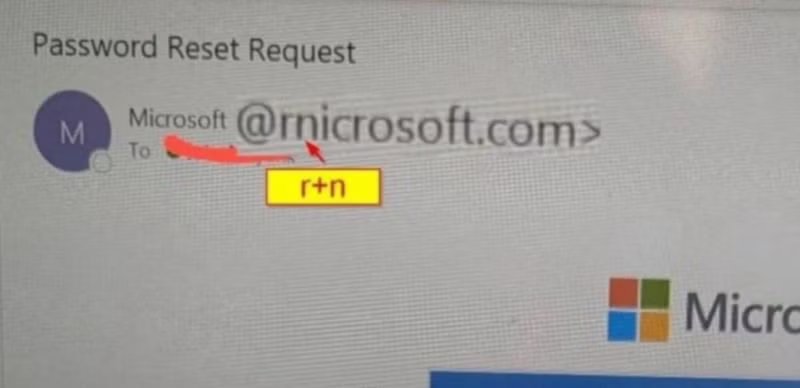 Une adresse e-mail où « rn » est déguisé pour ressembler à « m ».