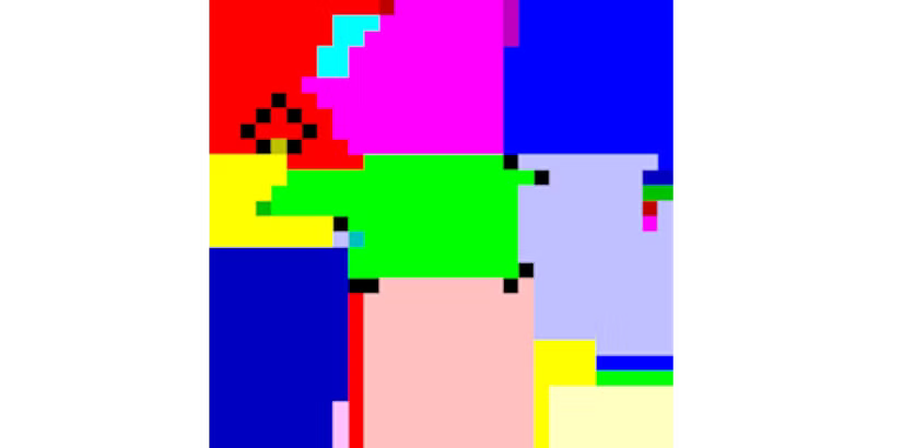 Formes colorées, approximativement des rectangles, avec occasionnellement des carrés noirs et d'autres artefacts intercalés.