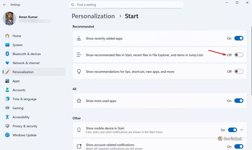 Fenêtre de démarrage dans l'application Paramètres.