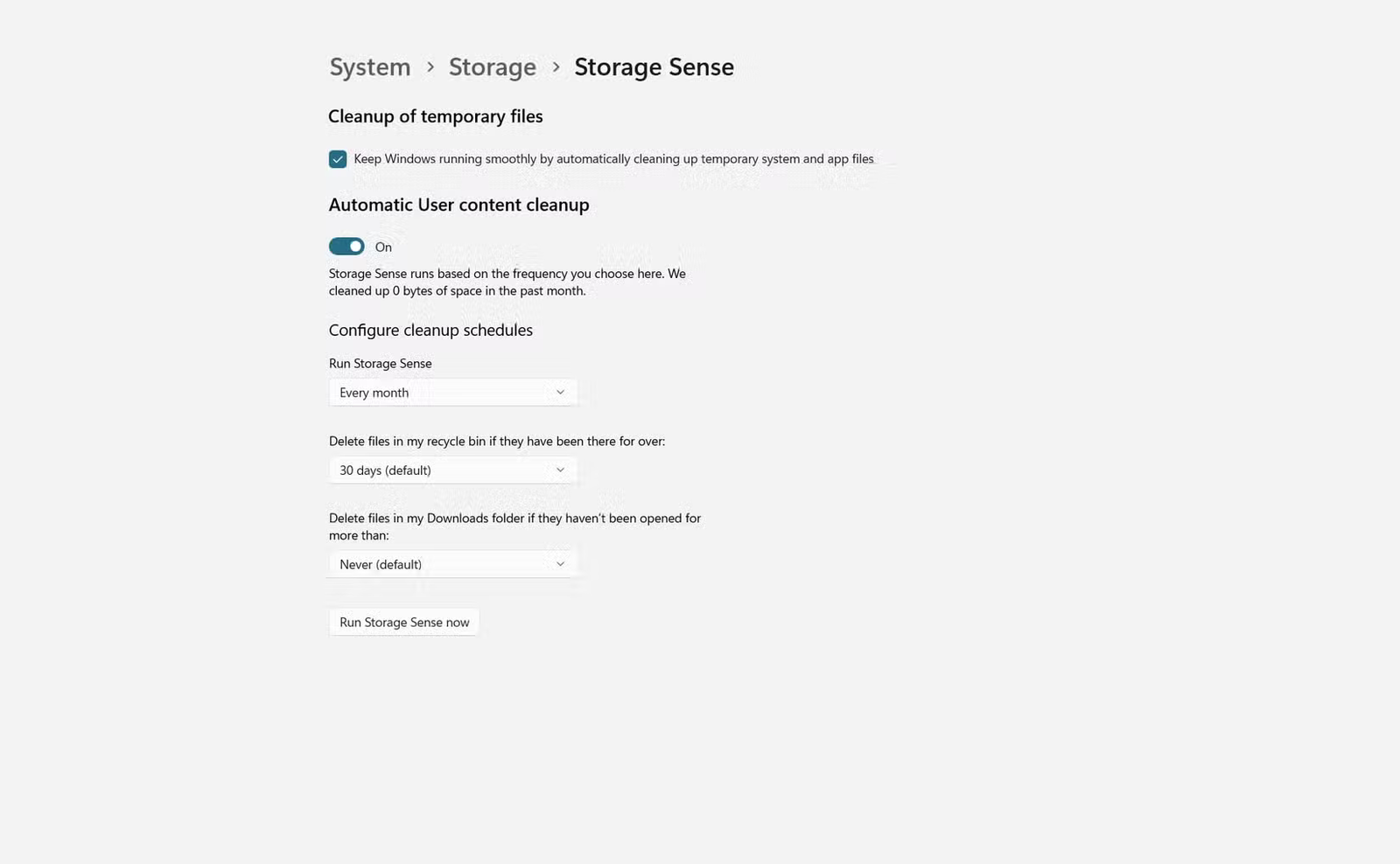 Fonctionnalités Storage Sense dans Windows 11.