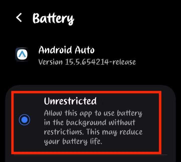 Options de batterie Android Auto.
