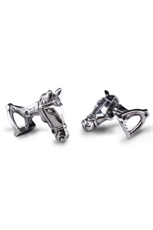 Boutons de manchette en argent sterling noirci avec cheval et étrier