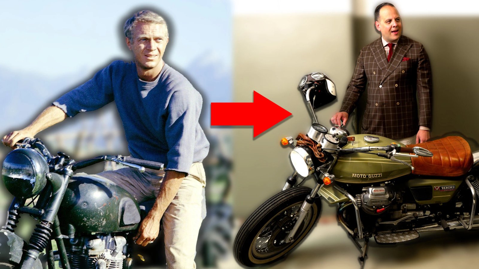 Photo de Steve McQueen sur une moto à côté de Raphael Schneider avec une moto similaire