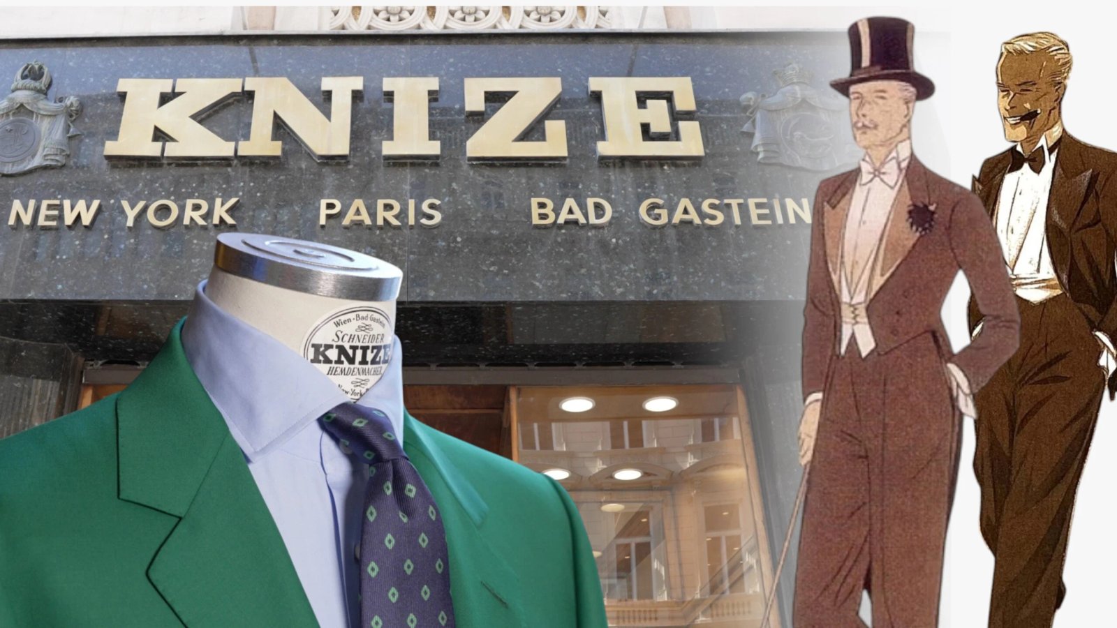 Knize Nouvelle bannière 1 à l'échelle Panneau Knize présentant des illustrations de mode et une veste sur un mannequin.