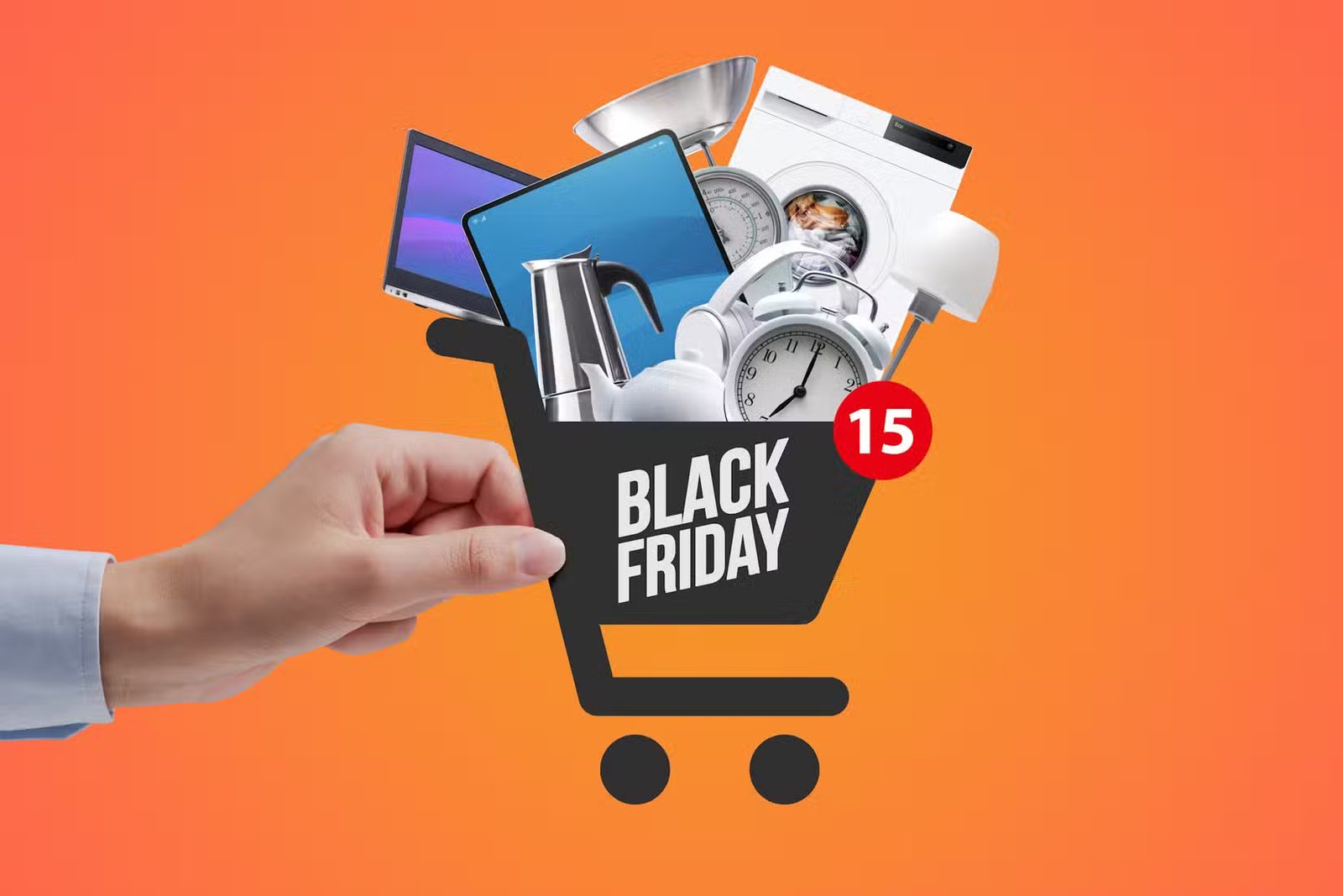 Panier avec « Black Friday » écrit dessus, plein de produits.