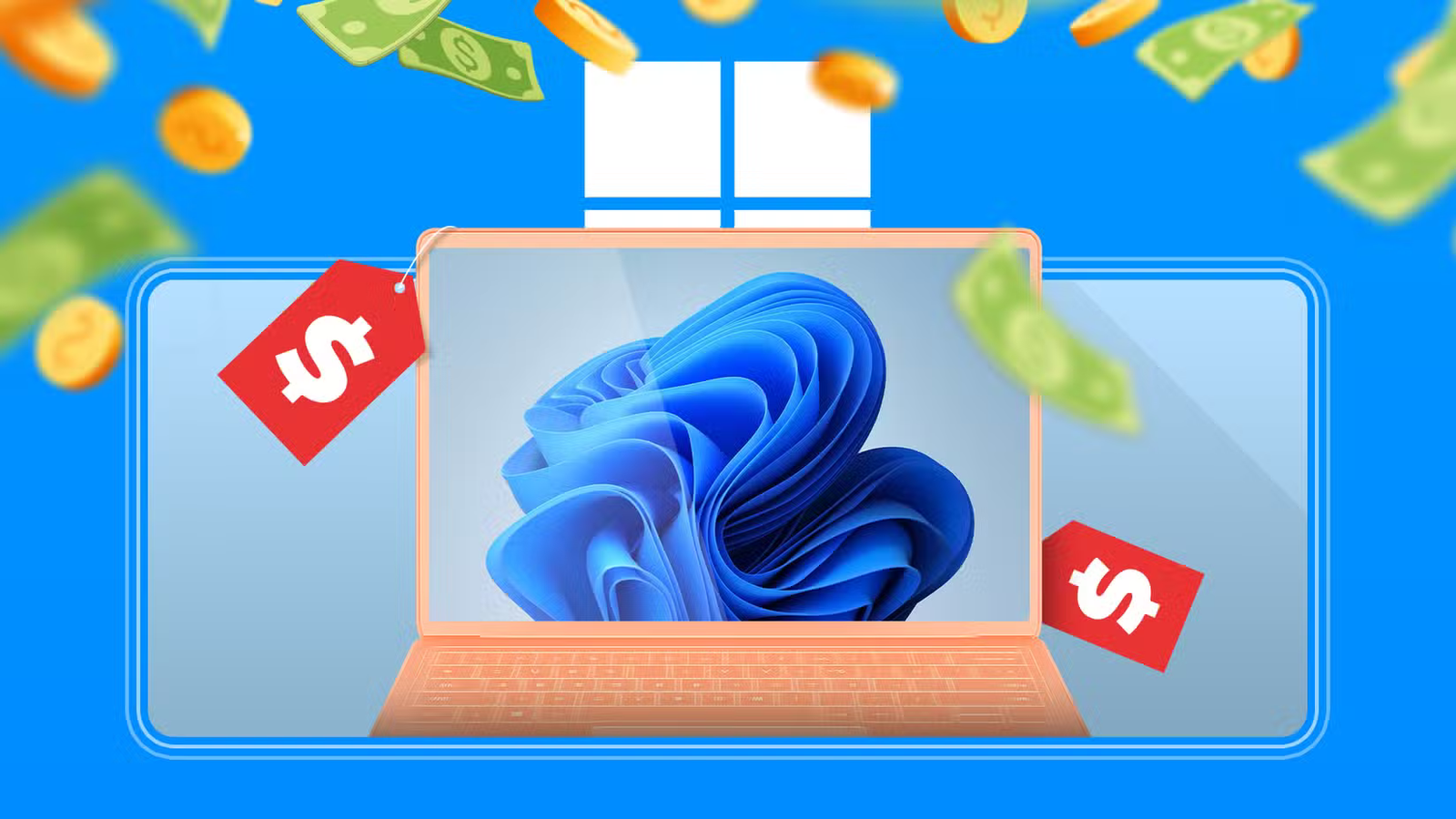 Un ordinateur portable Windows 11 entouré d’étiquettes de prix, de pièces de monnaie et de billets d’un dollar.