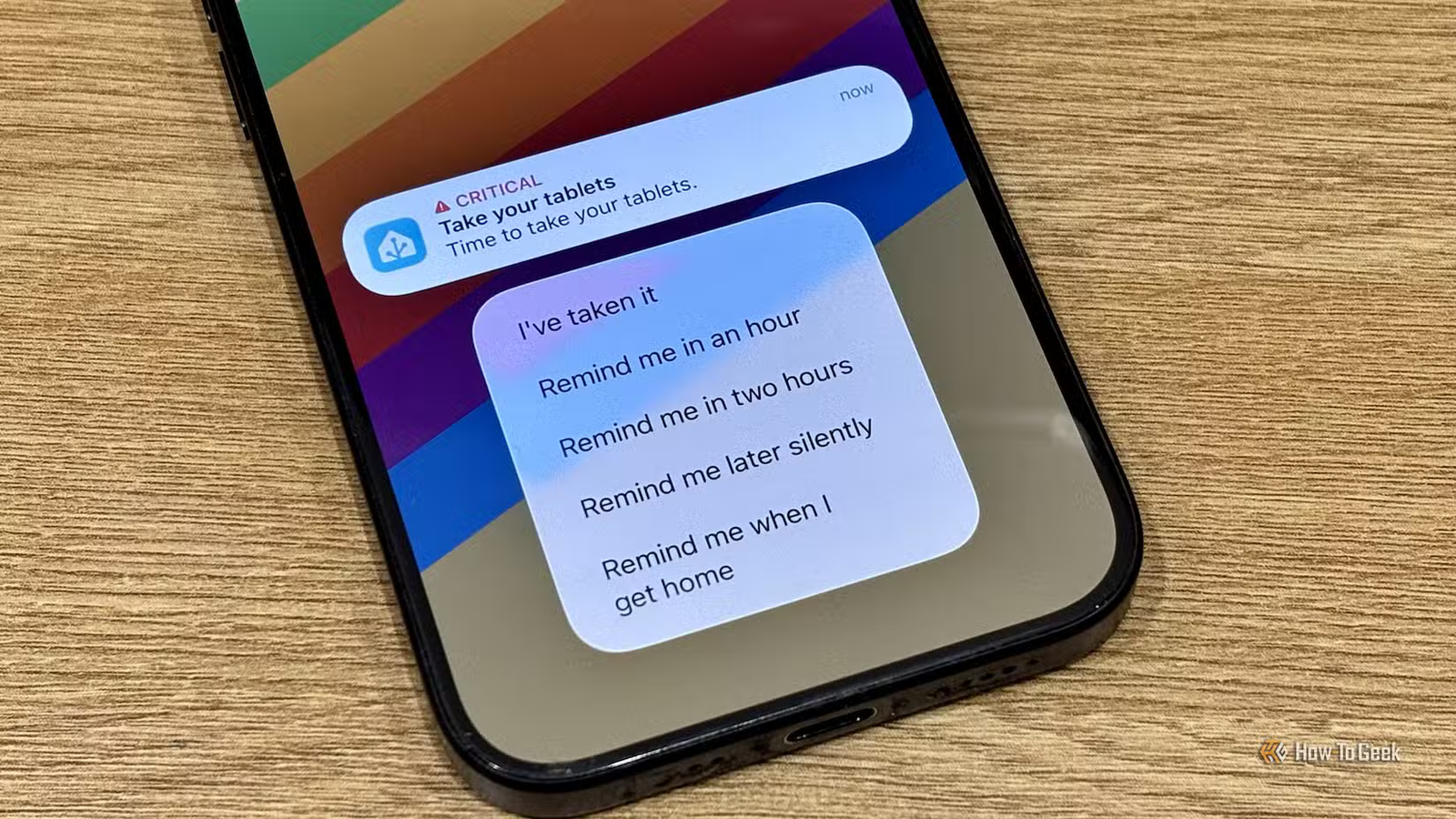 Une notification exploitable de Home Assistant pour un rappel de médicaments sur un iPhone.