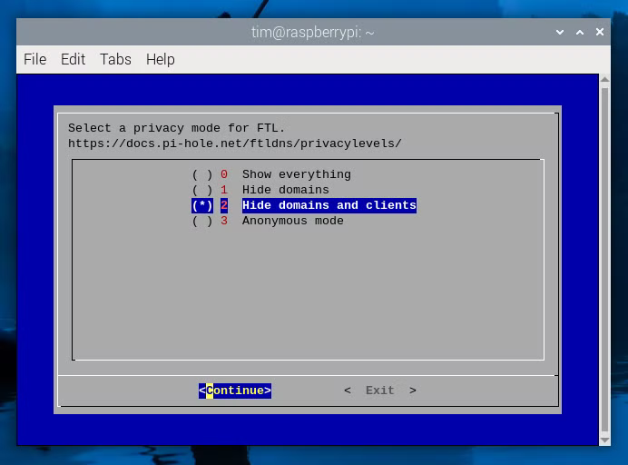 Sélection d'un niveau de confidentialité lors de la configuration du Pi-hole.