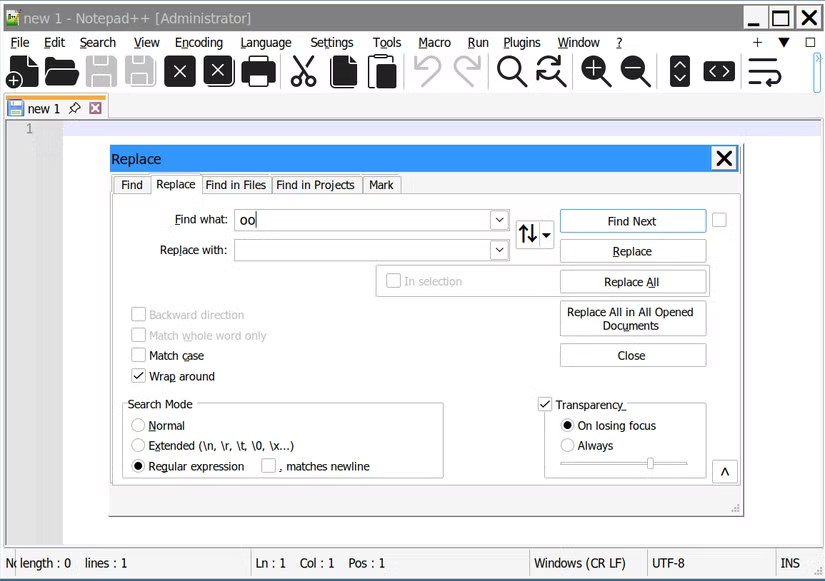 L'option Rechercher et remplacer sur Notepad++.