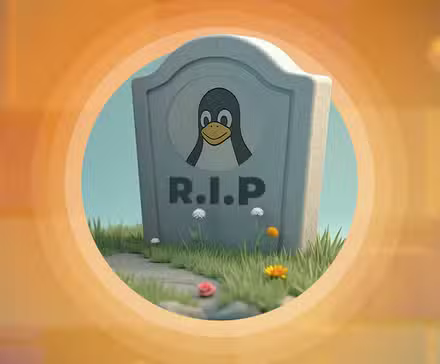 Une pierre tombale représentant la mascotte Linux avec « RIP » gravé en dessous, avec plusieurs distributions Linux abandonnées floues en arrière-plan.