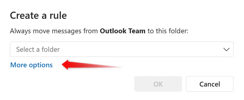 Ouverture des options avancées pour affiner une règle dans Outlook.