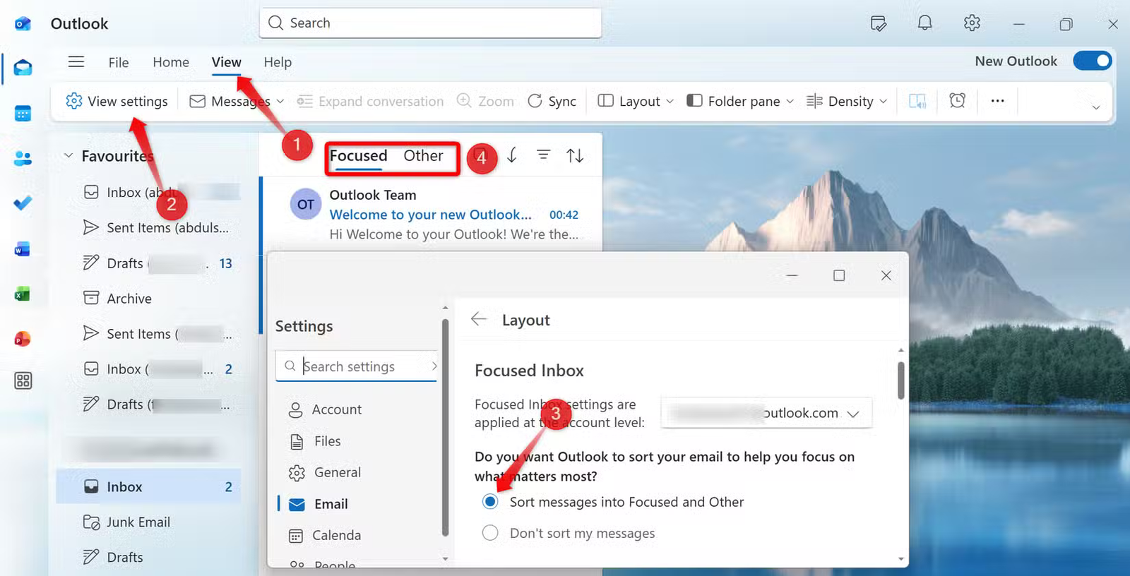 Activation de la fonctionnalité Boîte de réception ciblée dans l'application Outlook.