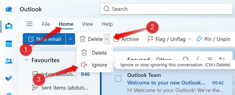 Utilisation de la fonctionnalité Ignorer dans l'application Outlook.