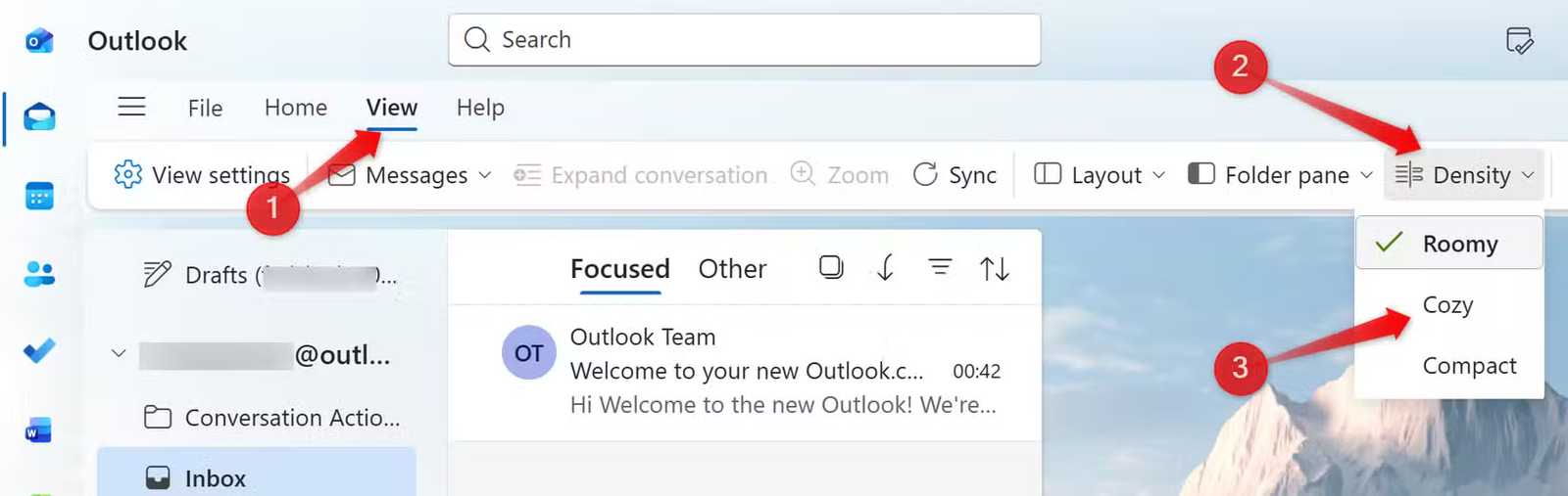 Modification de la densité dans l'application Outlook.