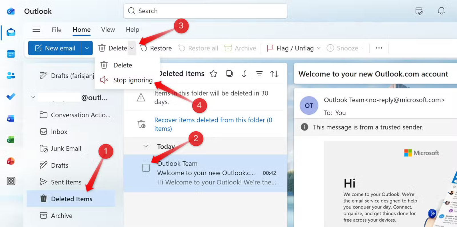 Annulation de la règle d'ignorance dans l'application Outlook.