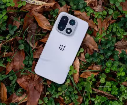L’arrière du OnePlus 15 posé dans l’herbe et les feuilles.