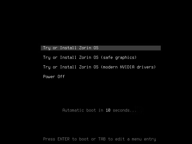 ZorinOS Installer avec les graphiques NVIDIA.