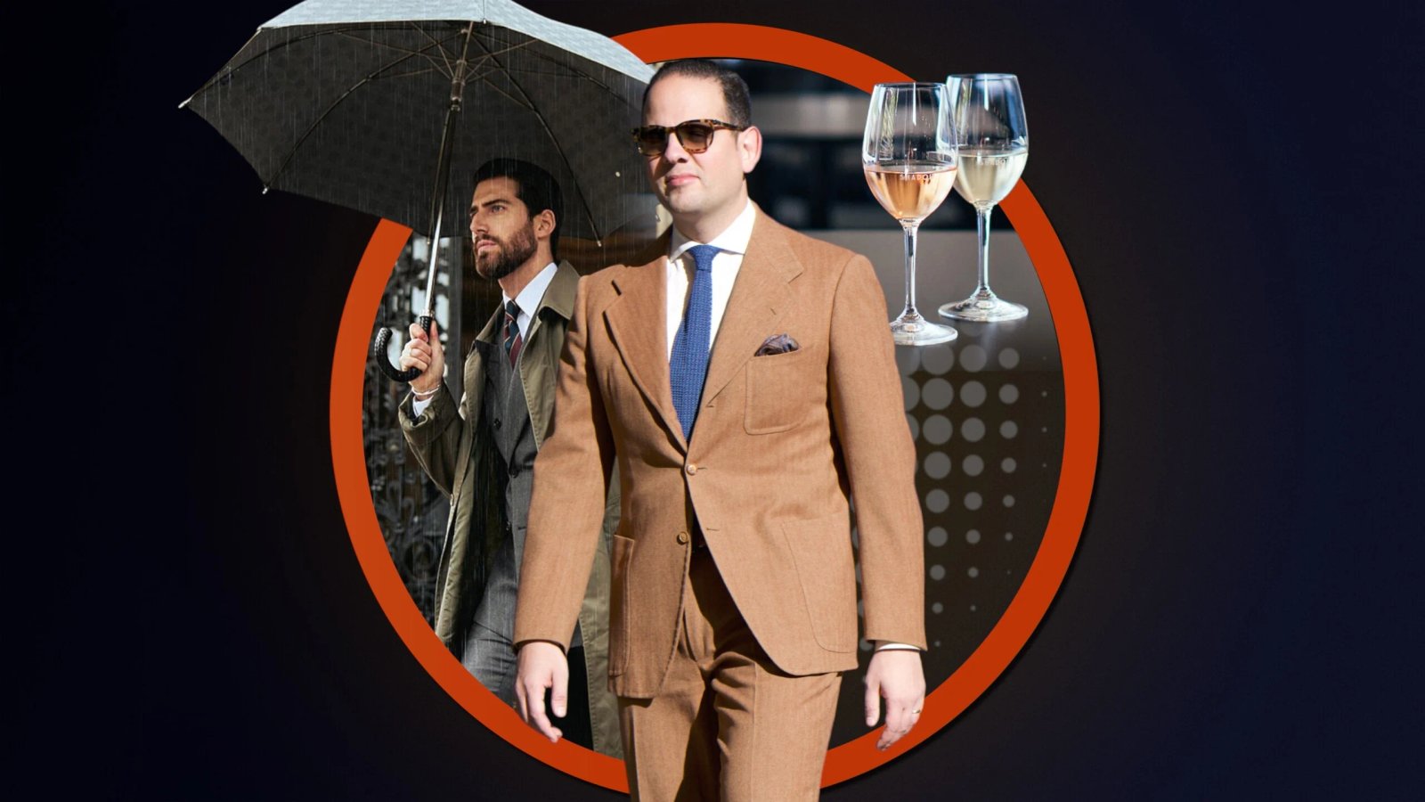 Panneau Splash de Raphaël à côté de verres de vin et d'un autre monsieur portant un parapluie