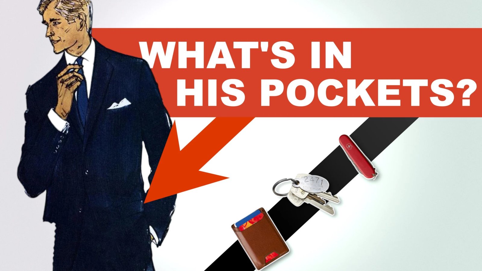 Mise à jour de la bannière Edc des années 1960 3 3840 x 2160 1 à l'échelle Illustration de mode des années 1960 avec des articles EDC. Le texte lit, "Qu'y a-t-il dans ses poches ?"