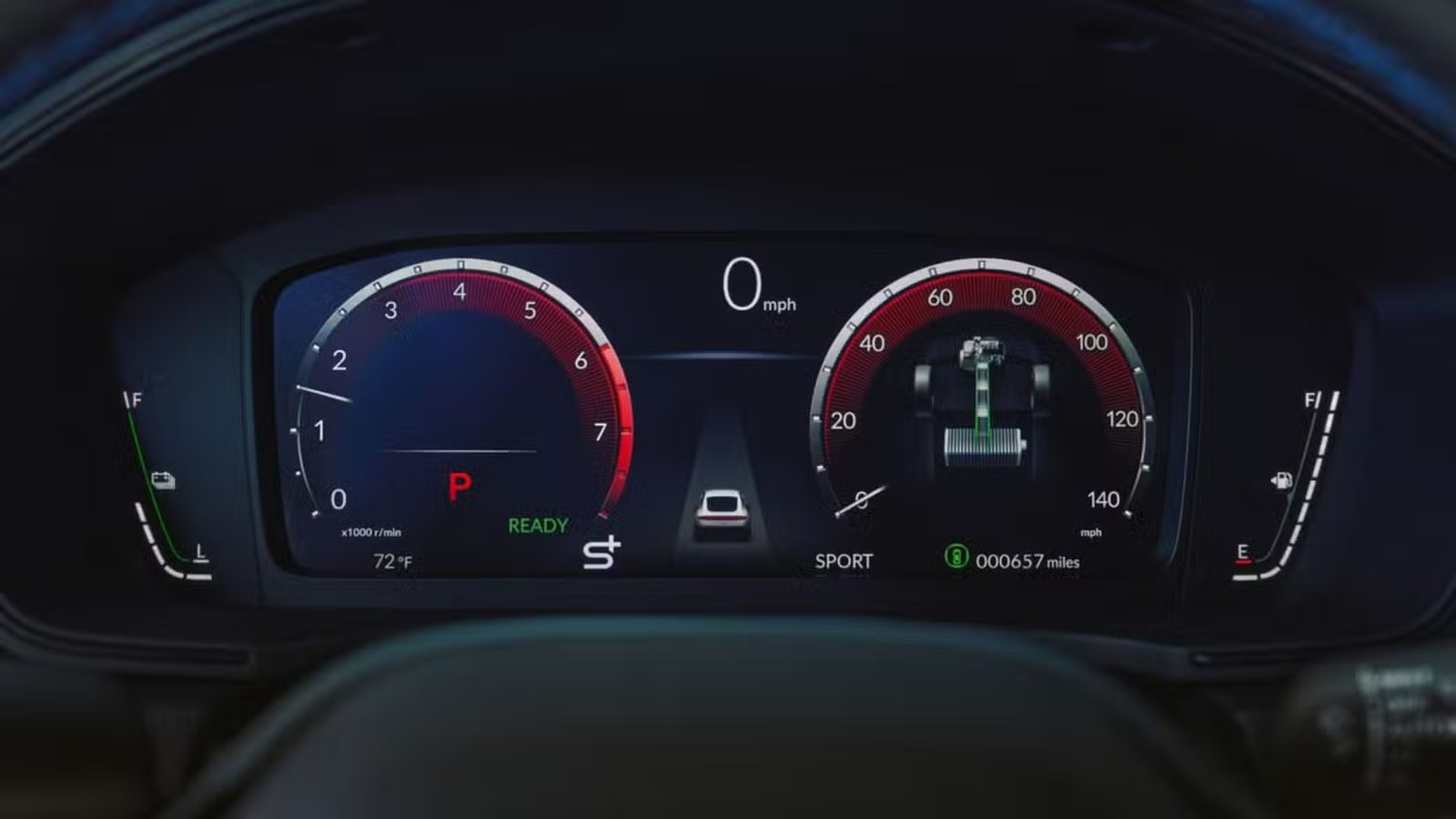 Gros plan du groupe d’instruments numériques d’une Honda Prelude hybride 2026.