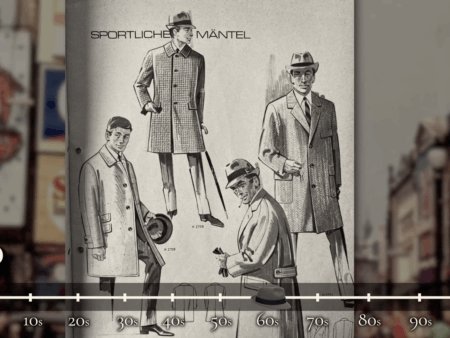 Une illustration de mode des années 1960 intitulée « Sportliche Mäntel » représentant des hommes vêtus de manteaux fuselés et portant des chapeaux trilby à bords avares.