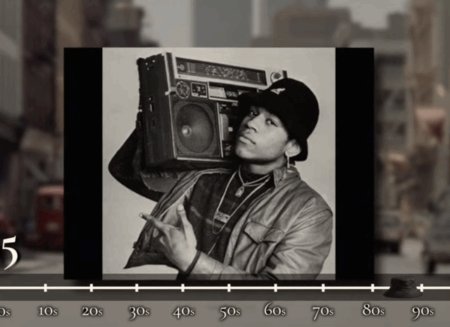 Photographie en noir et blanc d'un homme en tenue hip-hop des années 1990, portant un bob classique et une boombox.