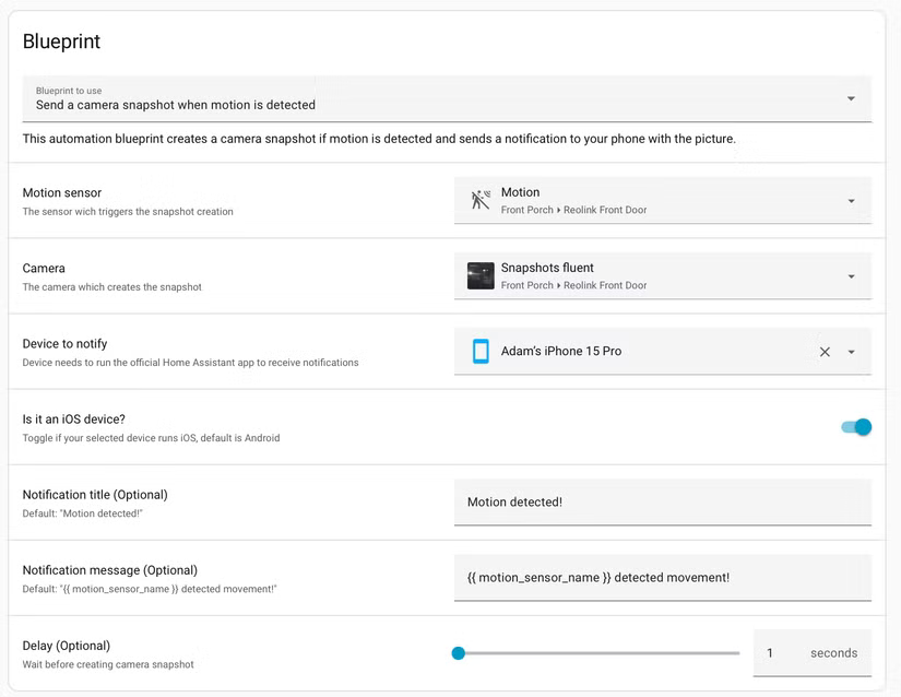 Le plan Envoyer une notification d’instantané de la caméra en cas de mouvement dans Home Assistant.